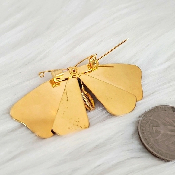 Vintage Dainty Orange Red Gold Tone Butterfly Unsigned Brooch Pin Jewelry - Picture 11 of 12
